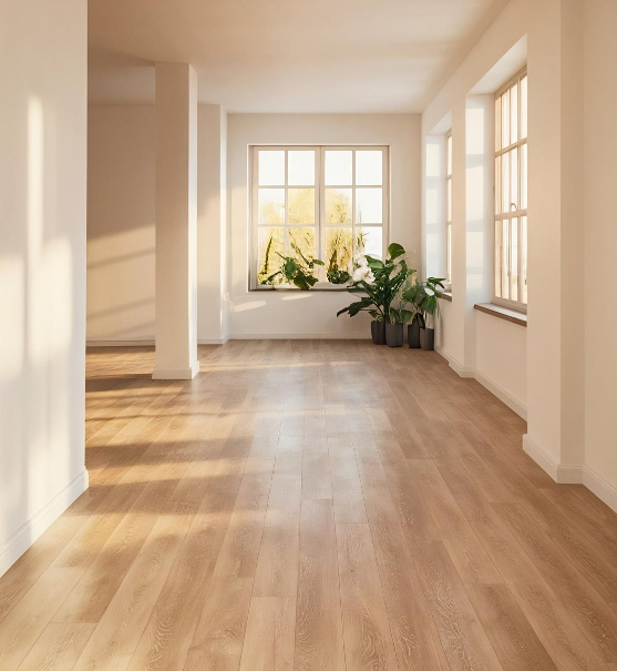 Expertly fitted wood effect laminate flooring, professionally installed by the team at UK Carpets and Curtains.